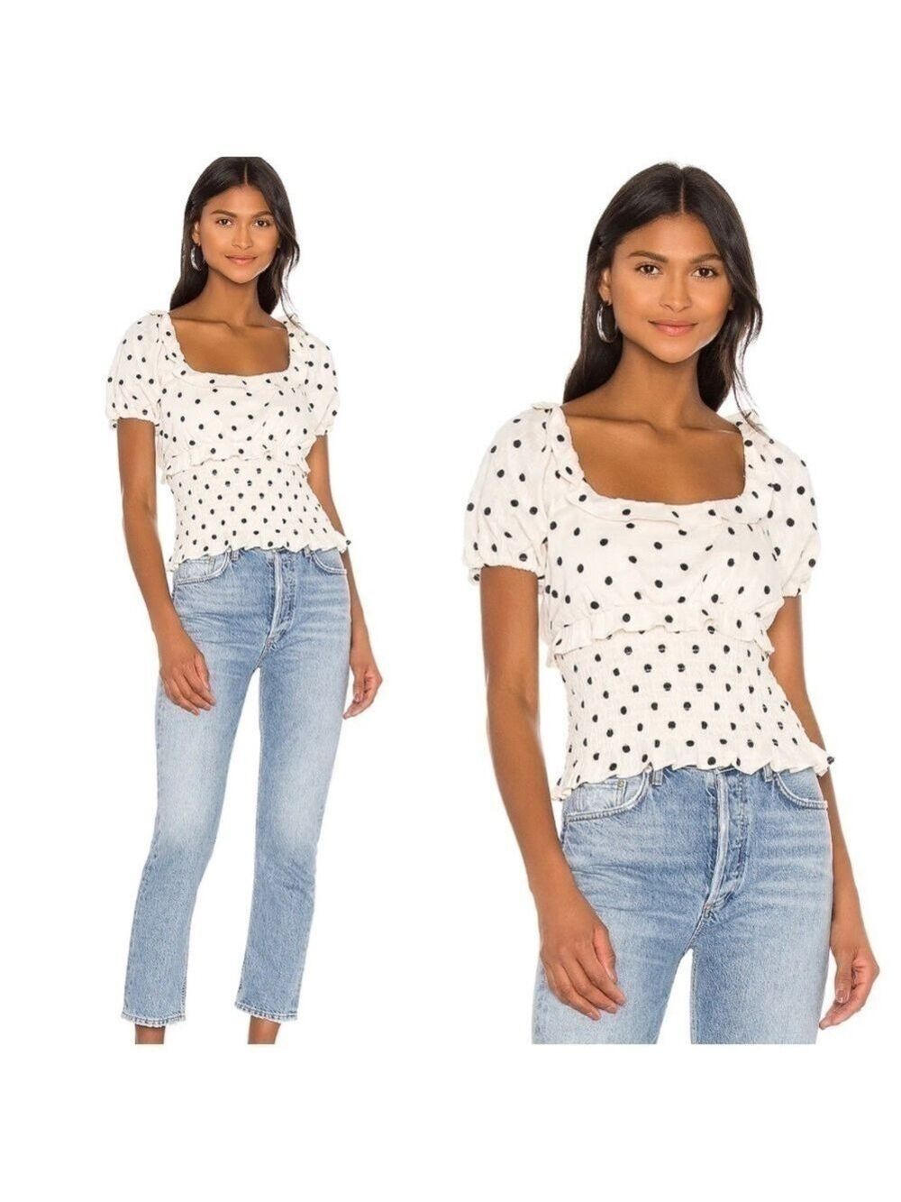 Tularosa White Cora Embroidered Polka Dot Smocked Top